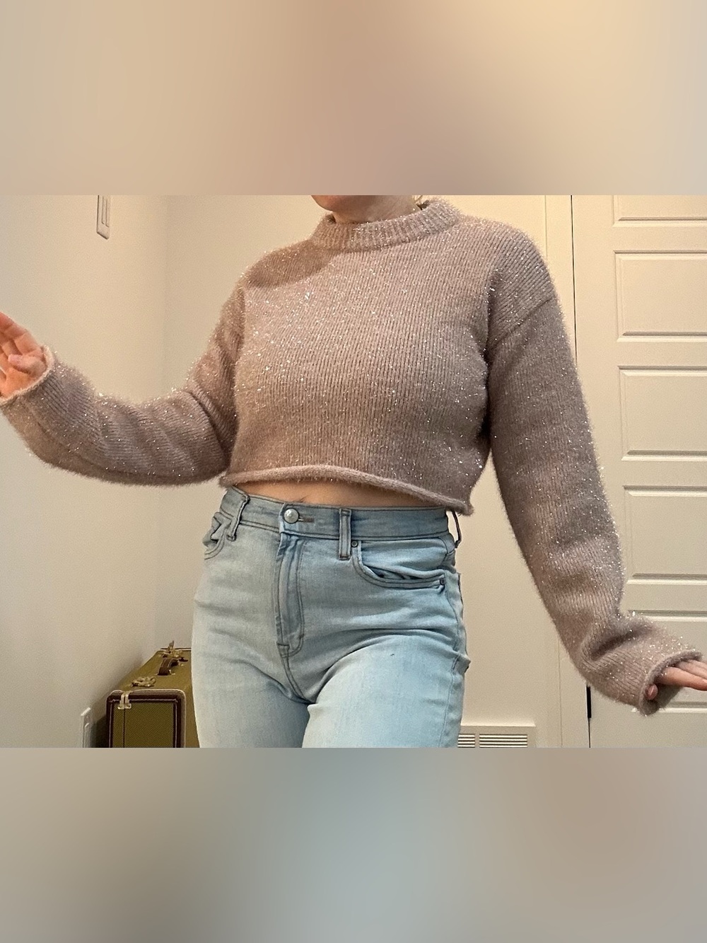 H&M Blush Pink Sparkly Fuzzy Knit Cropped Sweater XS NWT